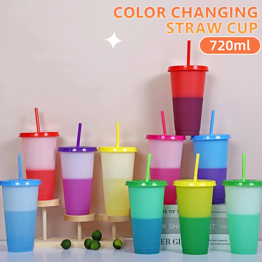 720ml Stroh becher mit Deckel wieder verwendbare Kaffeetassen Plastik wasser becher Farbwechsel Getränke tasse Kaffee matte Tasse Party zubehör