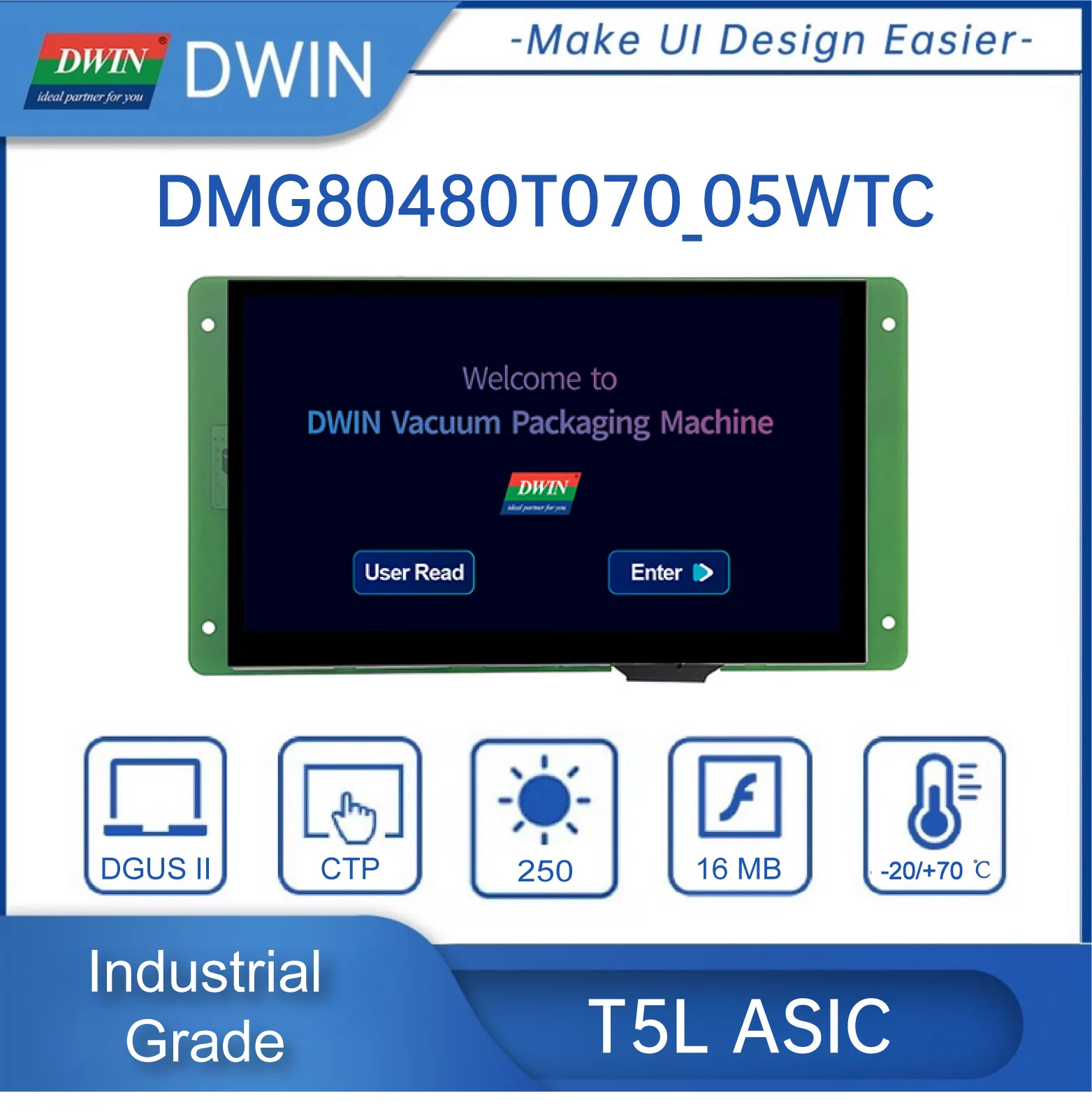 DWIN 7.0 Inch TFT LCD Display 800*480 262K Color HMI Smart Screen  RS232/TTL  Resistive/Capacitive Touch Panel DMG80480T070_05W