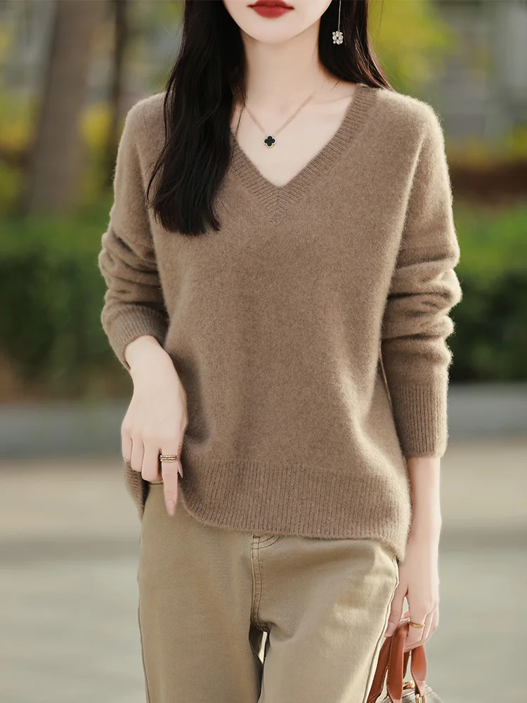 

Women's V-Neck Simple Fashion Cardigan 100% Merino Wool Knitwear Autumn Winter Soft Warm Smooth Casual Loose Clothing Tops