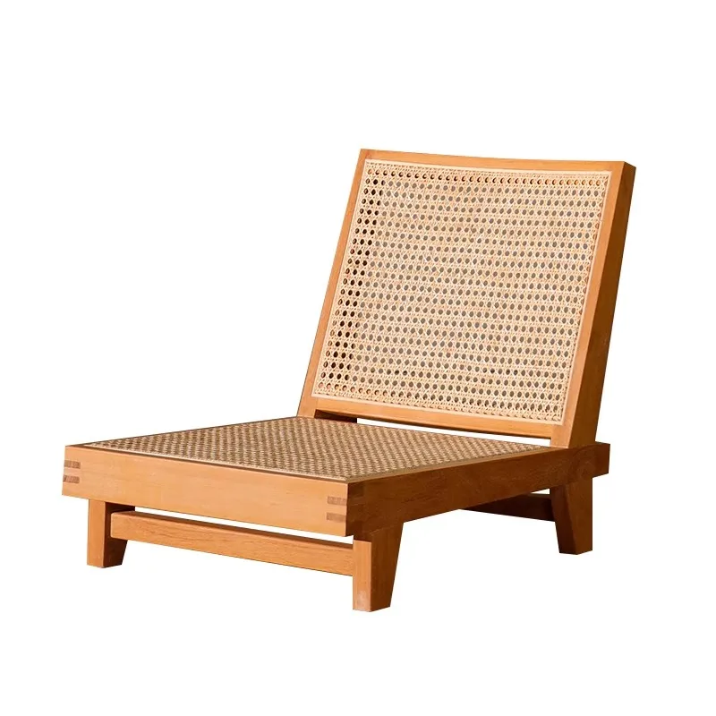 Japanese Style Legless Tatami Chair with Back Support Solid Oak Wood and Natural Rattan Japan Zaisu Chair Lazy Backrest Seating