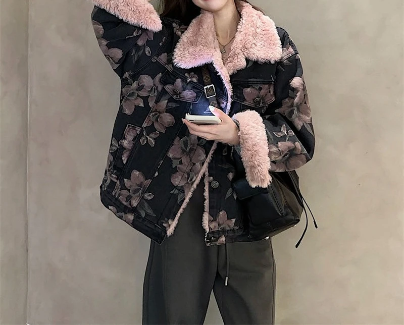 2025 Autumn and Winter New Design Thickened Denim Jacket Women's Printed Retro Cotton Jacket