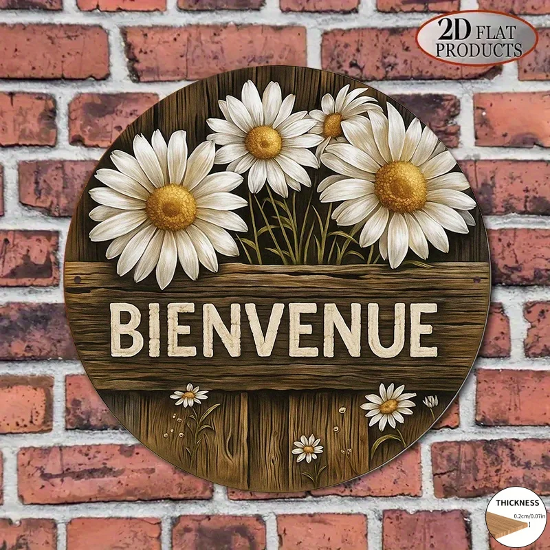 2D Flat - A 2D Vintage French Welcome Sign - Round Wooden Wall Decor Featuring Daisies And The Word 'BIENVENUE', in a Rustic Cot