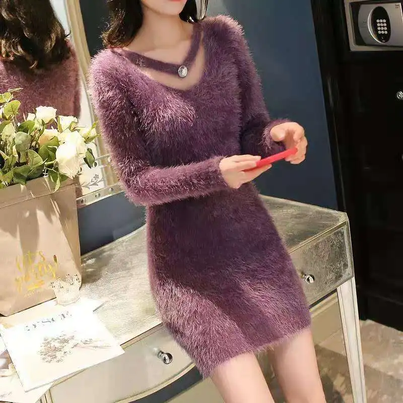 Autumn and Winter New V-neck Faux Fur Mink Versatile Medium Long Sweater for Women Slim Fit and Slimming Knit Sweater