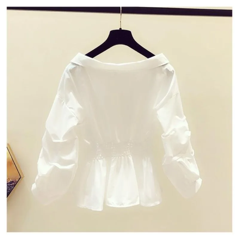 

Women's Spring and Autumn New Fashion Casual Elegant Solid Button V-neck Bubble Sleeve Pleated Corset Slim Fit Cardigan Tops