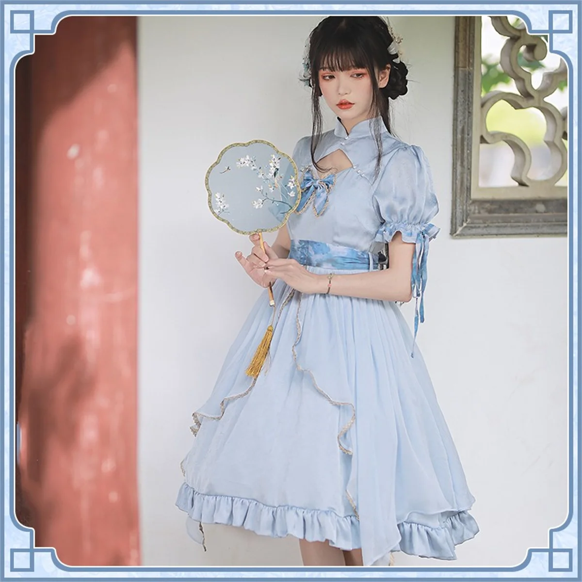 Vestido chinês de estilo doce Lolita Op para meninas, cosplay bonito, elegante fita de pérolas suave, manga puff, laço bowknot, cintura, plissado