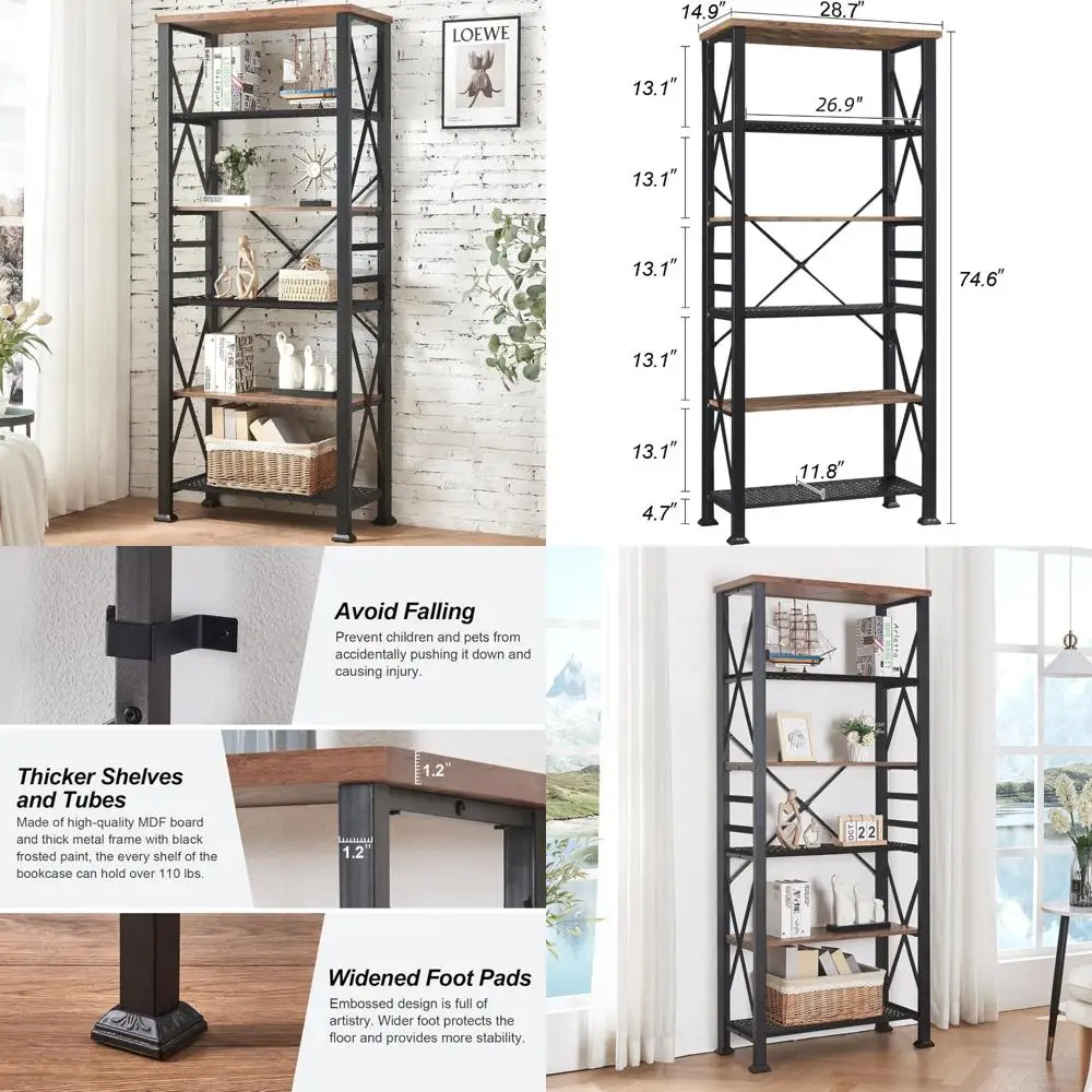 HOMBAZAAR Estante de 6 camadas, estante industrial de 74 polegadas de altura com estrutura de metal e prateleiras abertas, estante rústica resistente para livros, conhecida