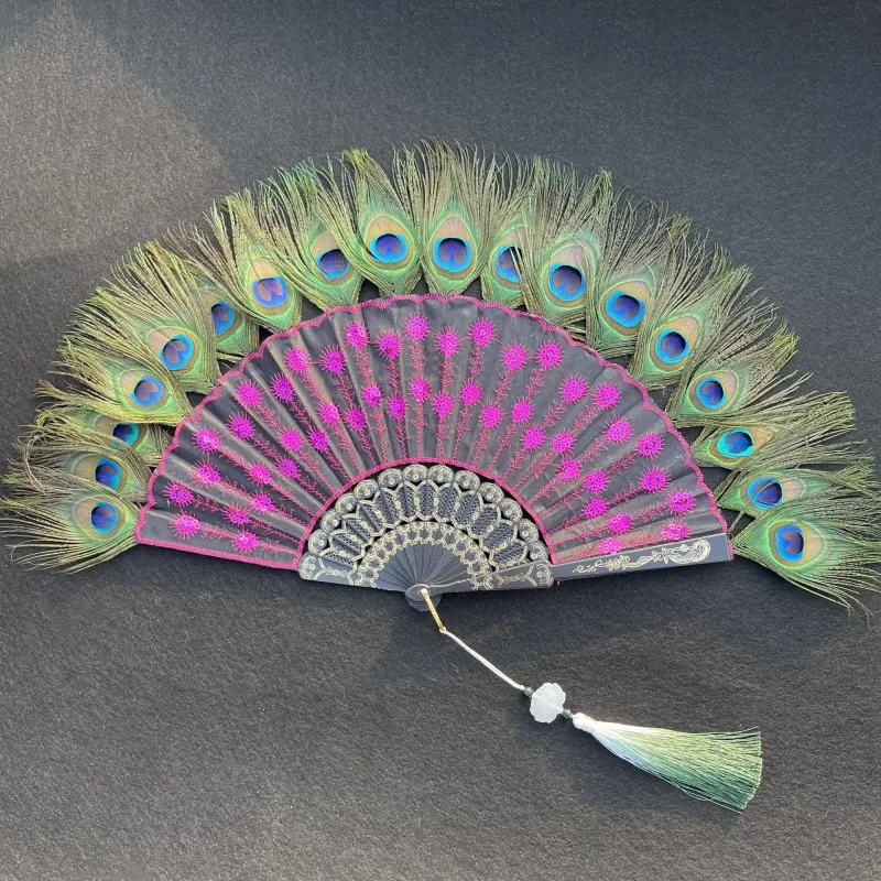 Peacock Feather Folding Fan Fashion Embroidery Sequin Dance Hand Fans Personality Pendant Gift Wedding Party Decoration Crafts - Image 3
