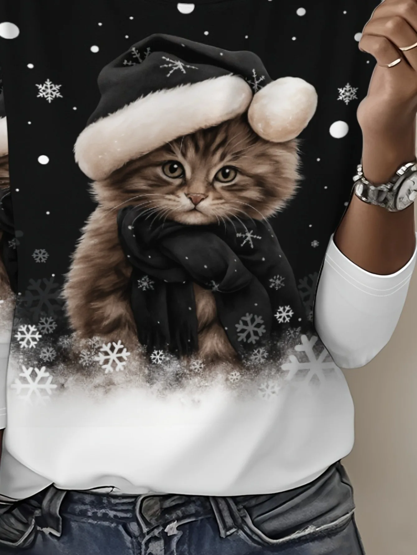 Women Round Neck Long Sleeve T‑Shirt Christmas Cat Santa Hat Snowflake Print Festive Holiday Casual Party Top Women's Clothes view 5