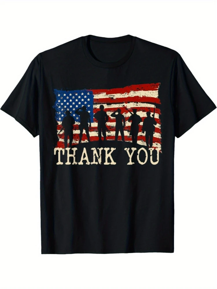 

American Flag Thank You Veterans-Distressed Grayscale Soldier Silhouettes&Bold THANK YOU-100% cotton printed men's T-shirt.