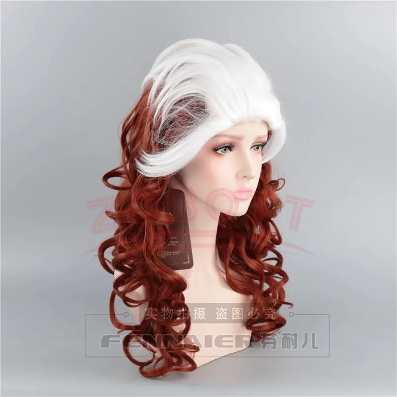 Anime X-Men Anna Marie Rogue Cosplay Wig X Men Rogue Anna Marie 60cm Red Long Curly Wavy Brown Mixed White Wigs