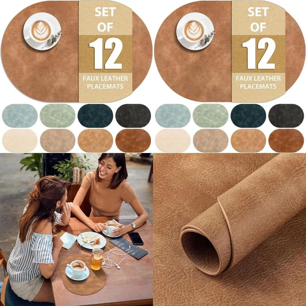 

12-Pack Heat-Resistant Oval Placemats, 12x17 Washable Waterproof PU Table Mats, Suitable for Kitchen and Dining Room, Sandy Ligh