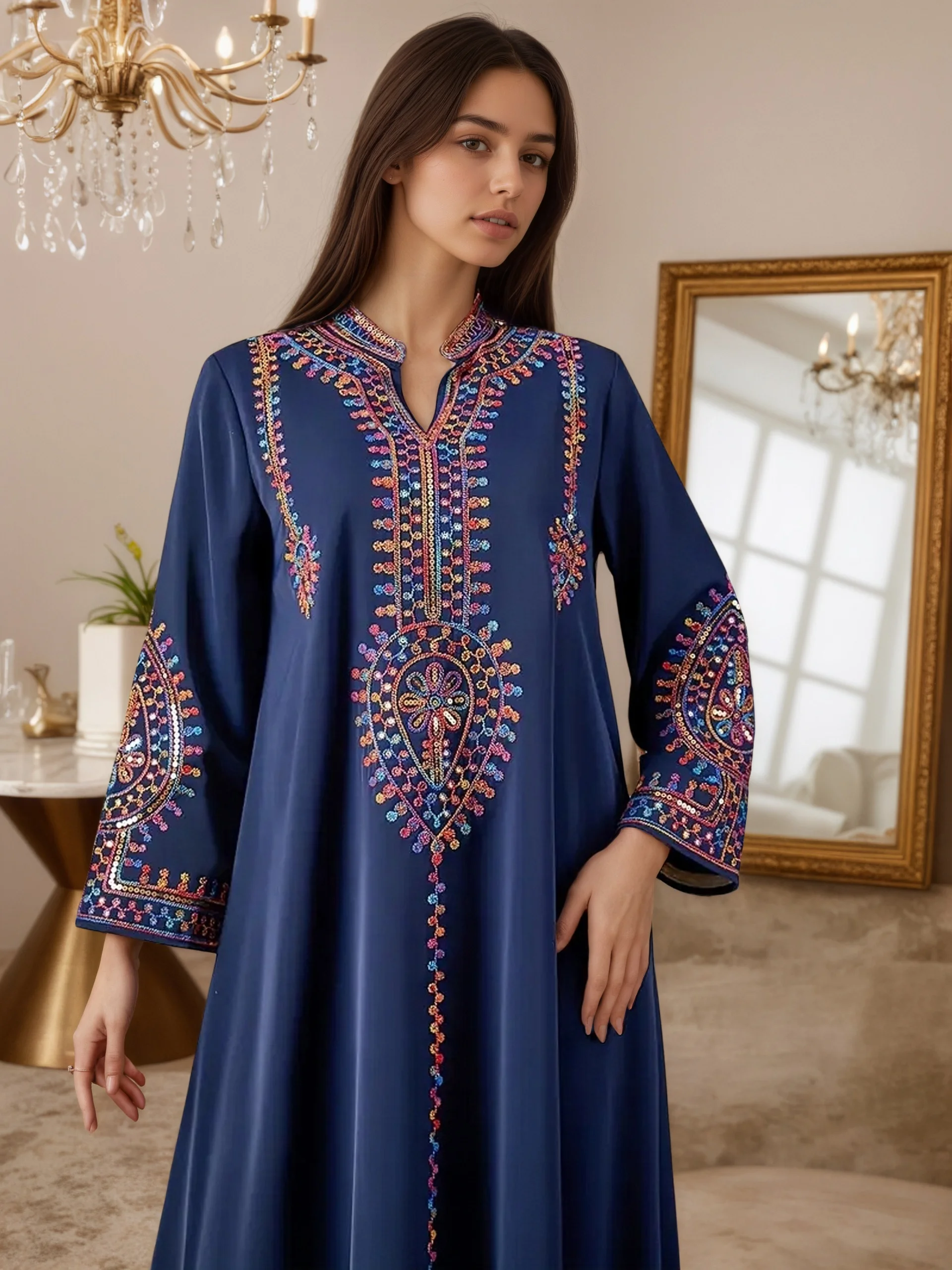 2025 Hot Sell Moroccan Style Islam Women Navy Blue Abaya Intricate Hand Embroidered Patterns for Arabian evey Cultural Festivals