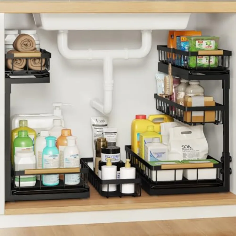 

Under Sink Organizer and Storage for Bathroom and Kitchen - Under Cabinet Pull Out Shelf Organizers - Slide Out Drawer Organiza