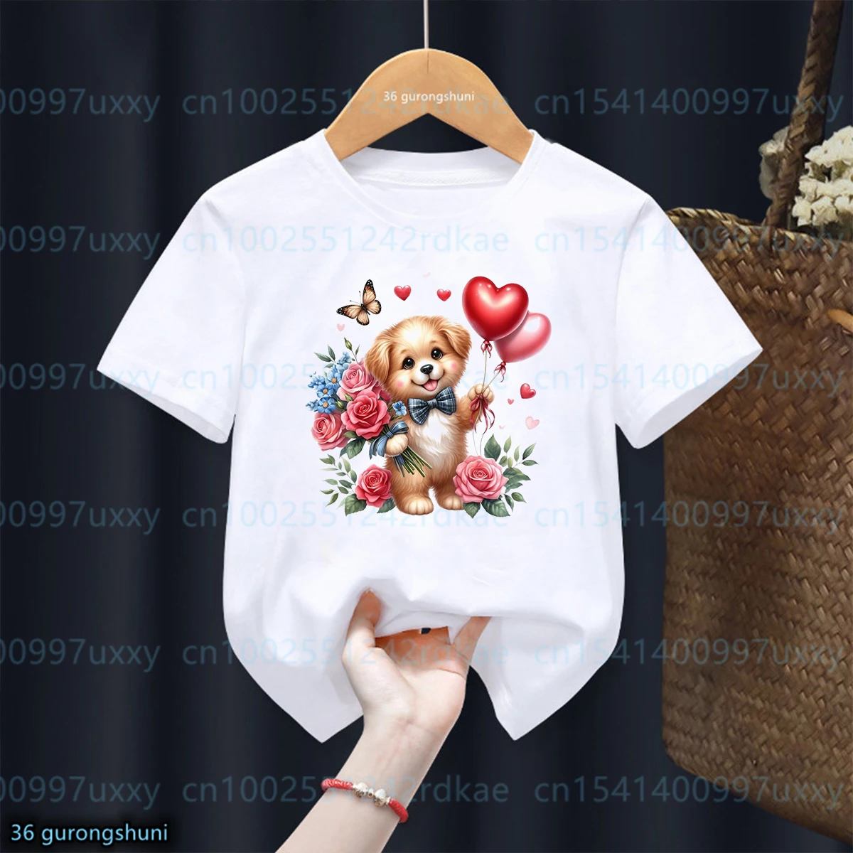 Cute Love Balloon Flowers, Dog Print Girls T-Shirt,Summer Kawaii Toddler Tshirt, Fashion Casual Boys/ Girls Universal Clothes