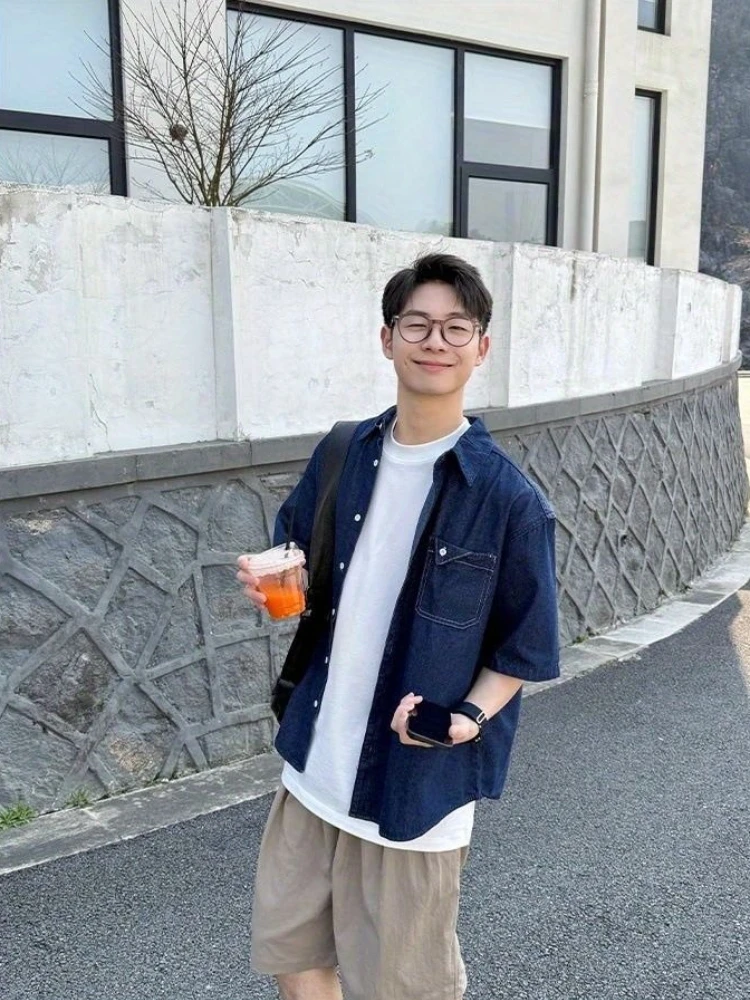 

2-Piece Set Men's Summer Blue Denim Shirt Short Sleeve Loose Fit Casual Versatile Pocket Simple Trendy Style