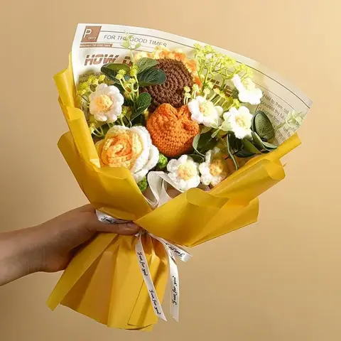 인공 크로 셰 뜨개질 꽃 졸업 꽃다발 손으로 짠 꽃다발 손님을위한 결혼 선물 발렌타인 데이 생일 파티 선물