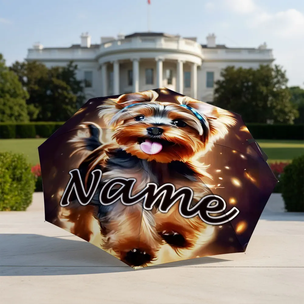 Custom Name Umbrella Yorkshire Terrier Puppy Glowing Sparkle Pet Art Print Folding Umbrella Compact Portable Travel Parasol