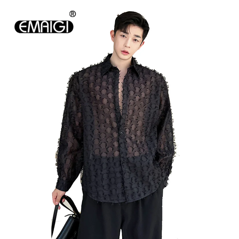 Men Hollow Out Lace Fashion Vintage Loose Casual Long Sleeve Shirts Male Streetwear Party Dress Shirts Nightclub Blouses