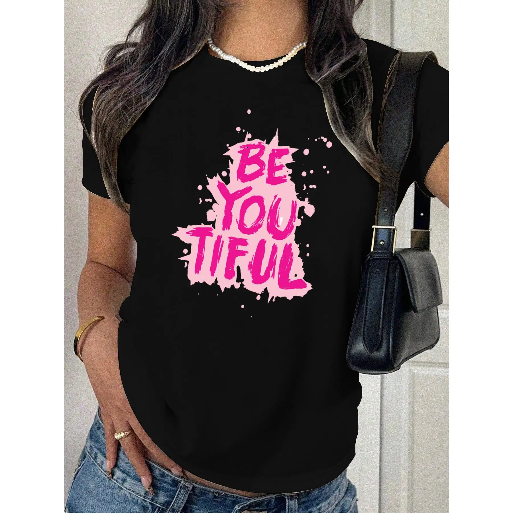 

"BE-YOU-TIFUL" Motivational Graphic T-shirt for Women, Pink Splash Streetwear Tee, Retro Summer Top