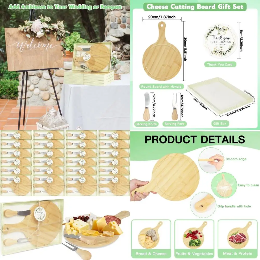 

Набор круглых деревянных досок для сыра с бамбуковой доской для мясных изделий, ножом, вилкой и биркой «Спасибо» для сувениров на свадебный душ
