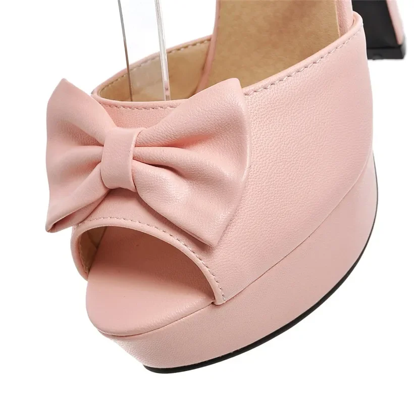 Plus Size Bowtie Women Platform Sandals High Chunky Heel Black Pink Casual Party Office Bridal Sexy Lady Ankle Cross Strap Shoes