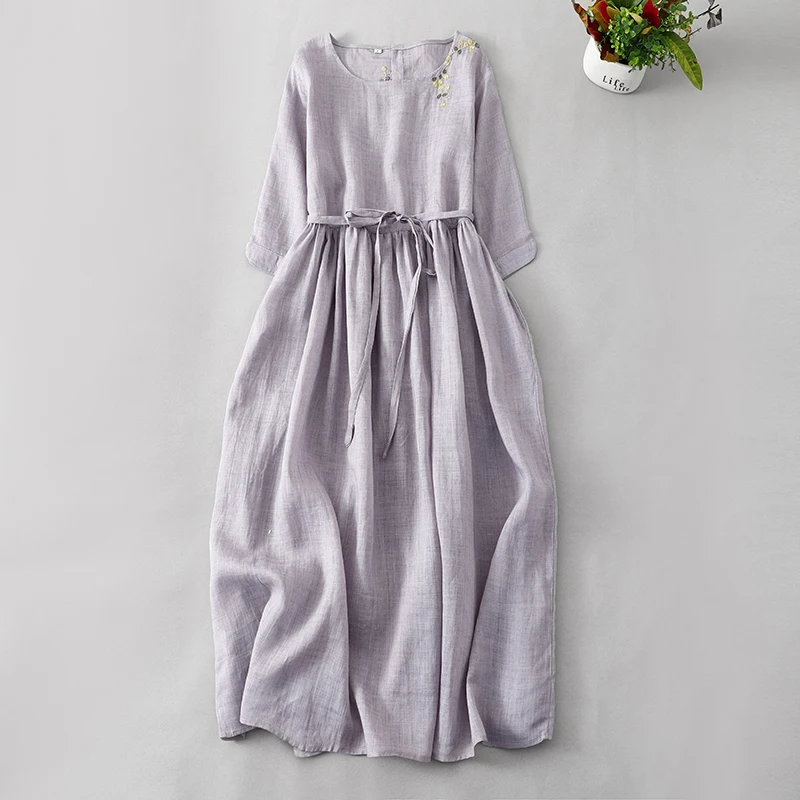 فستان نسائي من الكتان بنصف كم ، رقبة مستديرة ، مطرزة ، فضفاضة ، بسيطة ، أنيقة ، متوسطة ، على الطراز الكوري ، الربيع ، الصيف ، جديد ، ، ، ، ، ،