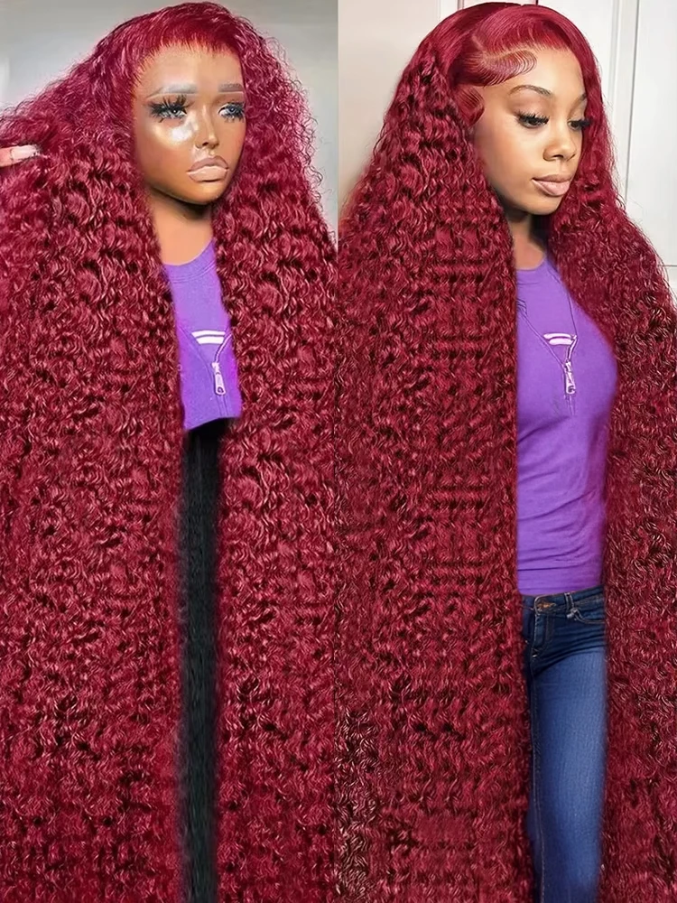 250% wear go sem cola vermelho colorido 13x4 onda profunda perucas frontais do laço do cabelo humano 40 Polegada 99j borgonha encaracolado peruca brasileira para mulher