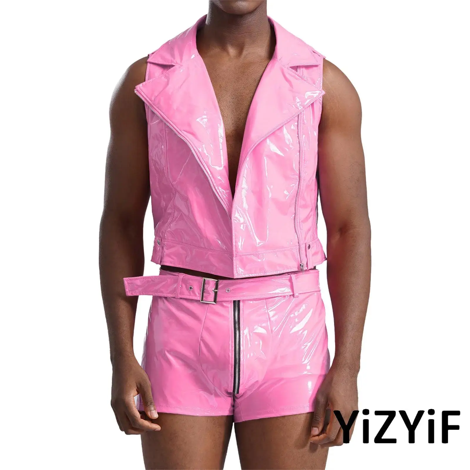 

3Pcs Sissy Mens Gay Wet Look PU Leather Outfits Sleeveless Zipper Tank Top+Zipper Boxer Shorts&Waist Belt Raves Party Bar Club