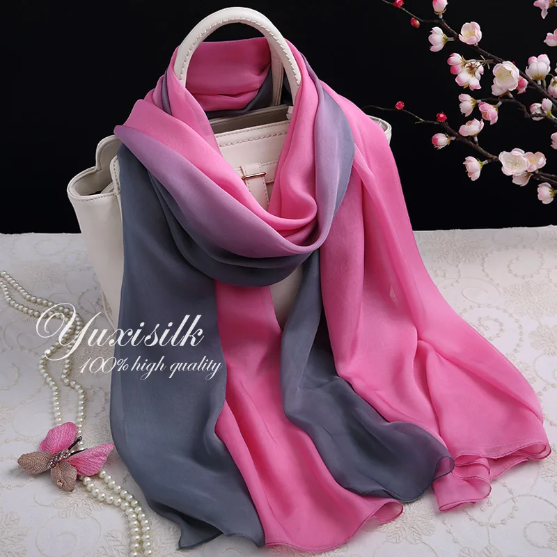 

High Quality Red and Gray Gradient Color 100% Silk Long Scarf Women's Shawl Spring, Autumn, Winter Summer All-Matching