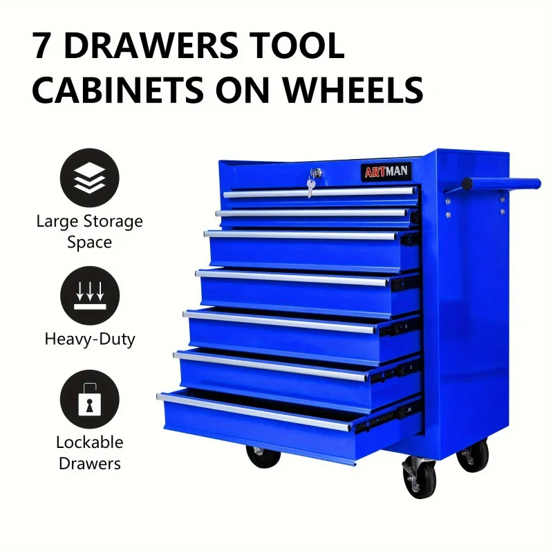 7 Drawers Blue Multifunctional Tool Trolley with Wheels, Auto Repair Tool Cart, Workshop Hardware Tool Cabinet