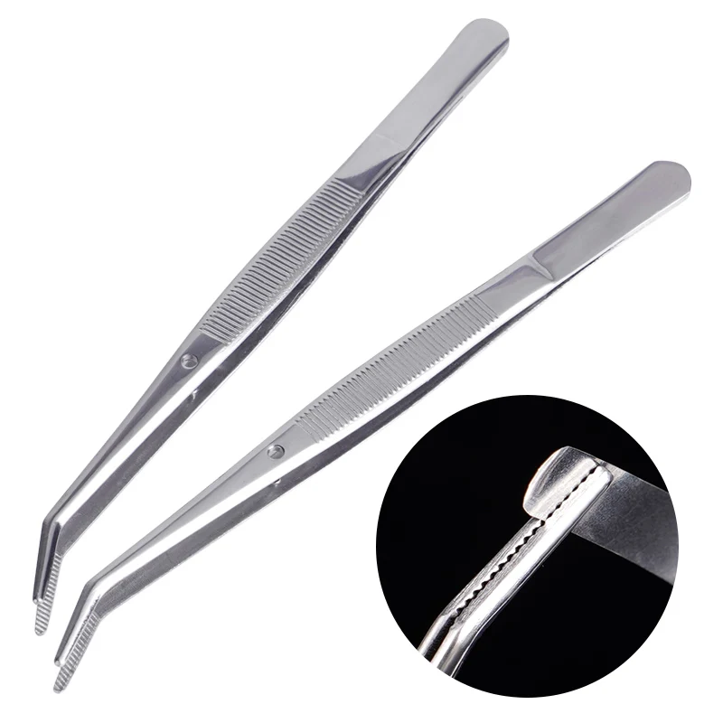 3pcs Dental Tweezers Stainless Steel Surgical Serrated Curved Tweezers Pincers Forceps Cotton Dressing Clip view 2