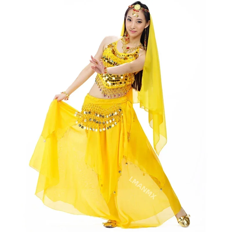 Indian Costume Set 4-pieces Belly Dance Veil Top Coins Hip Scarf Skirt Belly Dance Costume Women