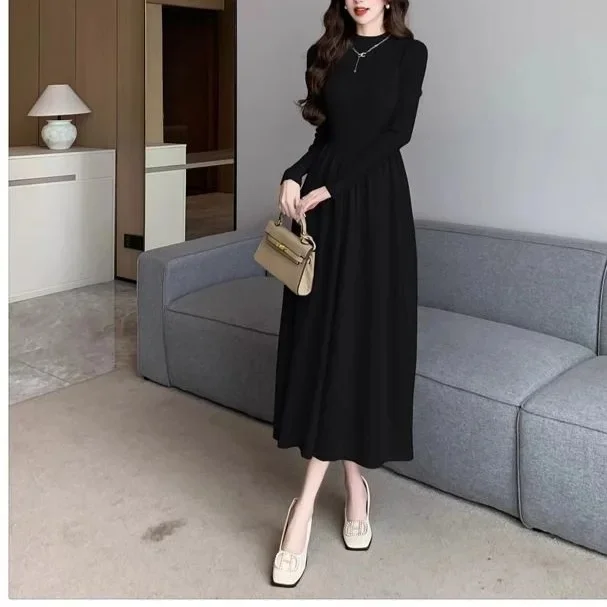 フレンチスタイルハイカラー長袖ニットドレス女性秋冬コートインナーウエストシンチングマキシスカート新着ファッション