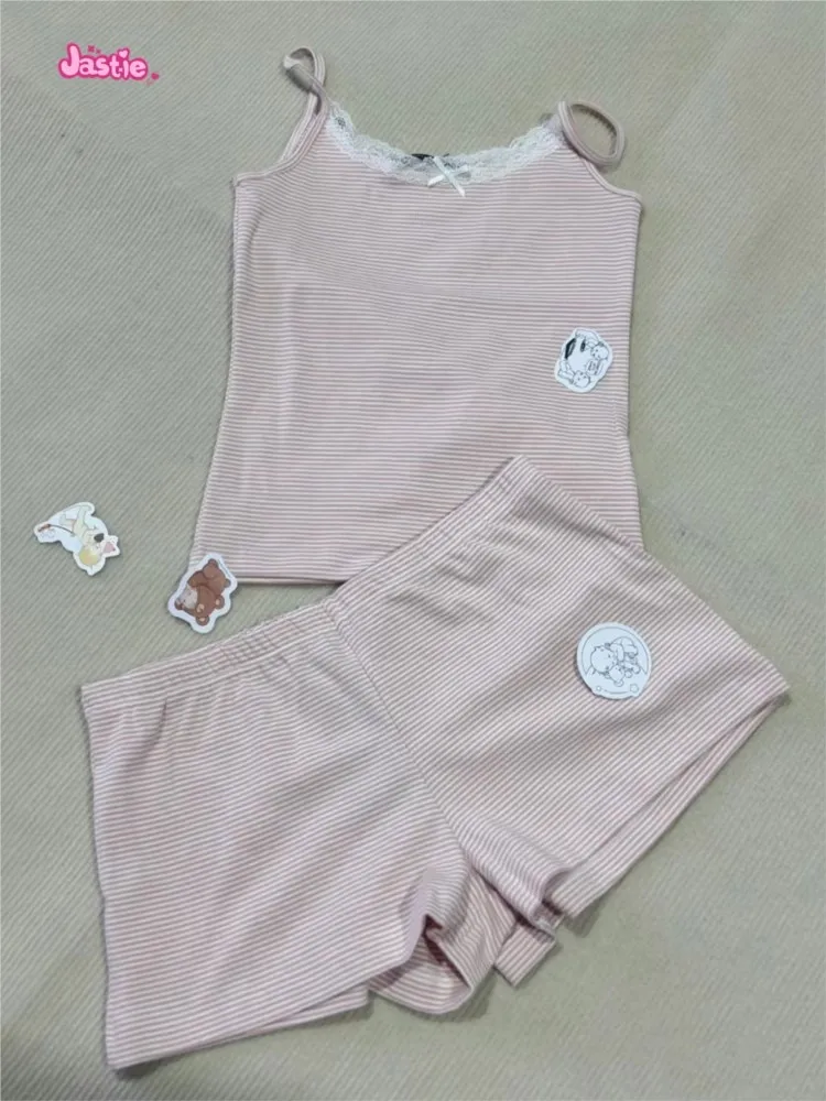 

Sweet Homewear Stripe Pink Tank Camis Asn Шорты Комплект из двух предметов для женщин Шикарные кружевные укороченные топы Y2K Шорты Спортивный летний женский костюм