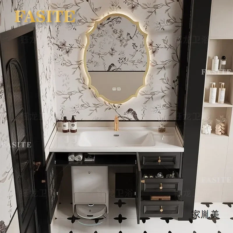 French Retro Black Bathroom Vanity Cabinet with Ceramic Integrated Sink Glass Door Storage Washstand for Modern Powder Room