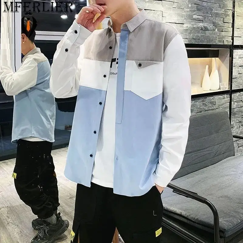 

Men Shirt Long Sleeve 100% Cotton Dress Shirt Casual White Fashion Slim Splice Office Business Street Blue Tuxedo Size M-5XL