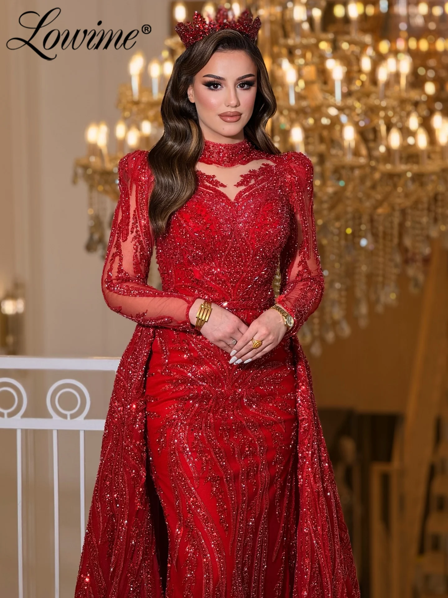 

﻿ Elegant Two Piece Red Wedding Party Dresses Customized High Neck Long Sleeve Arabic Evening Dress with Overskirt Beaded Gowns