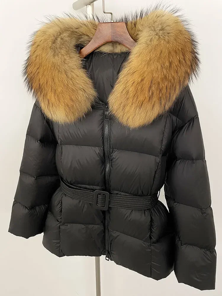 MENINA 2024 Thick Warm 90% White Duck Down Coat Winter Jacket Women Real Natural Raccoon Fox Fur Collar Hooded Female Casual