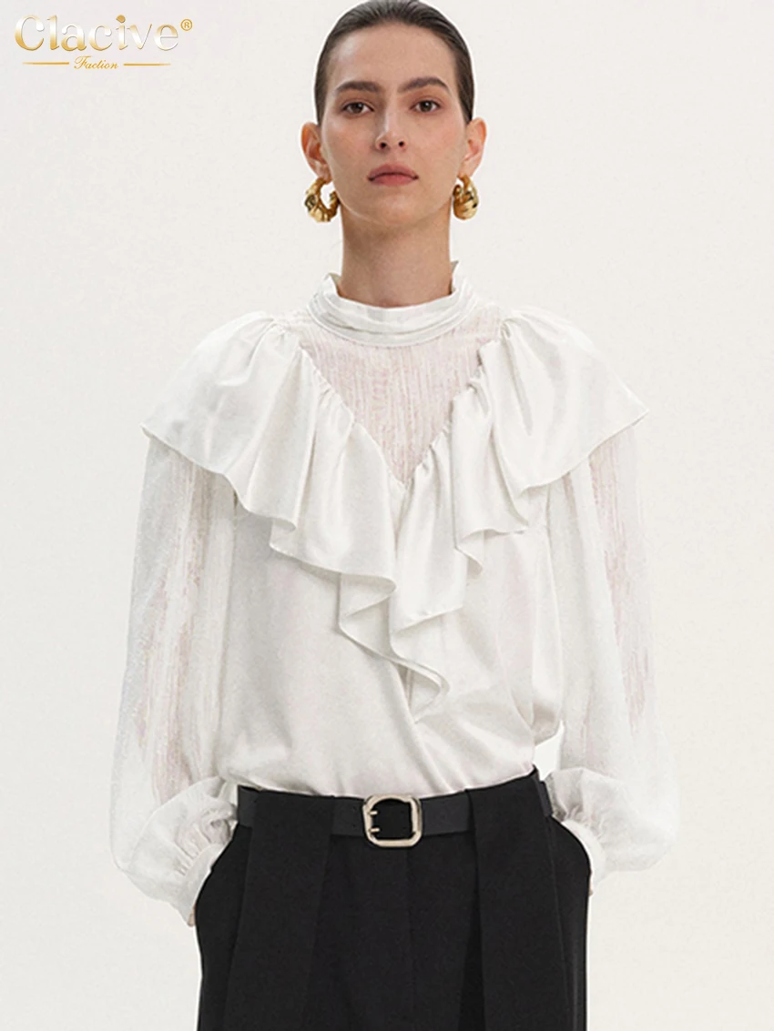

Clacive Fashion Loose White Women Shirt 2025 Casual Stand Collar Long Sleeve Shirts Elegant Classic Ruffles Top Female Clothing