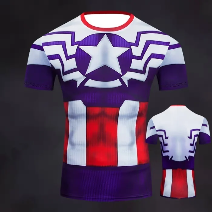 تي شيرت صيفي للرجال من COS Marvel Captain America ملابس تدريب اللياقة البدنية للبالغين والأطفال ملابس الوالدين والطفل