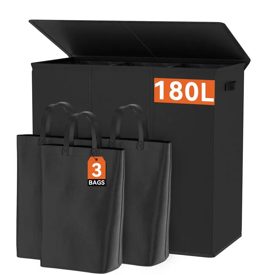 

180L Laundry Hamper with Lid 3 Section,Large Laundry Basket with Removable Bags and Handles,Collapsible Dirty Clothes Hampers fo