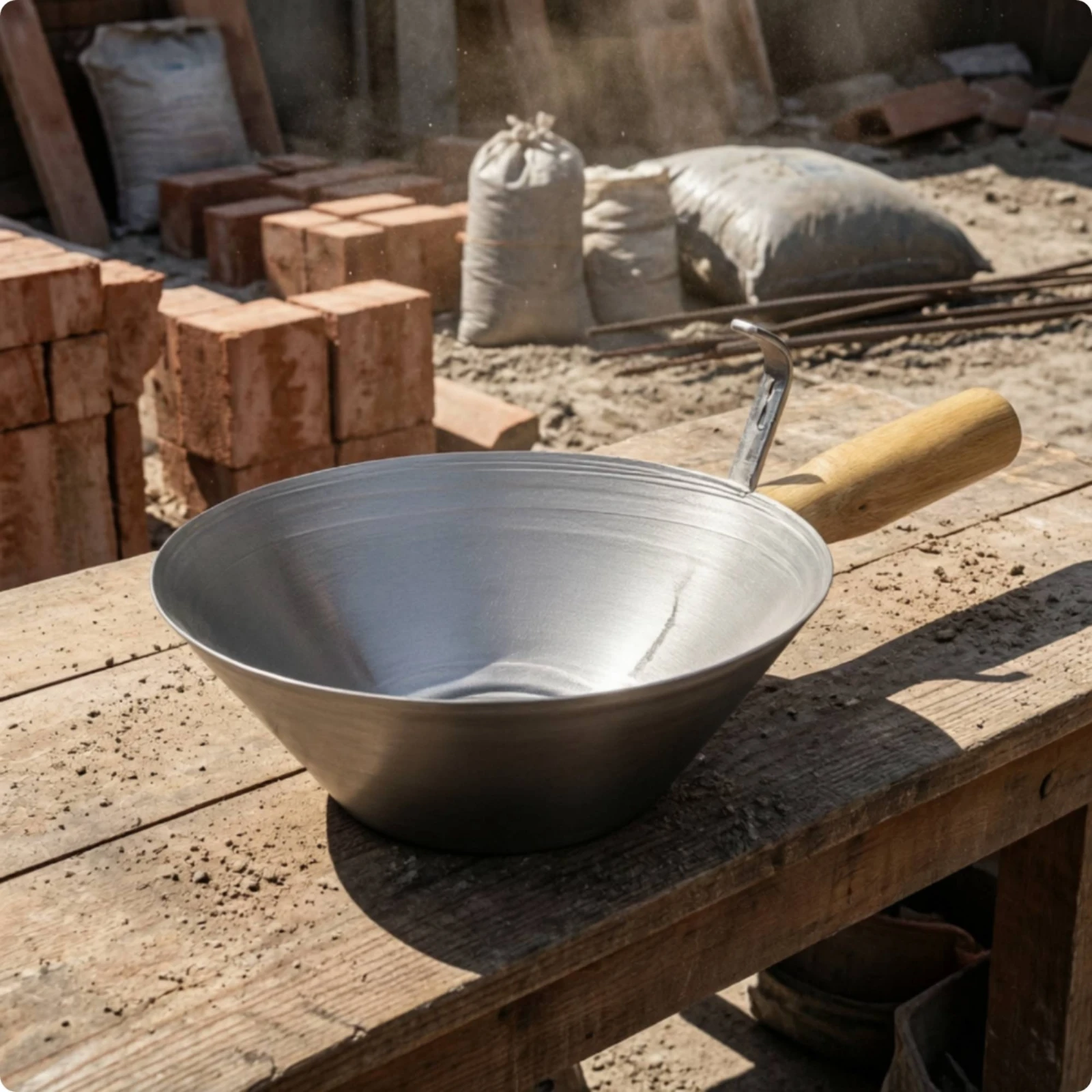 Zinc-Plated Iron Mortar Pan Flat-Profile Mortar Pan with Wooden Handle for Masons, Plastering Work, Workshops