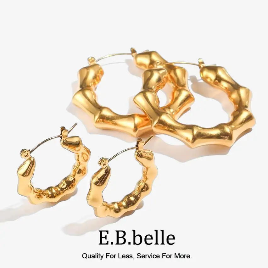 E.B.belle Light Weight Stainless Steel Bamboo Nodes Shape Hoop Earrings For Girls Gold Plated Waterproof Jewelry For Women