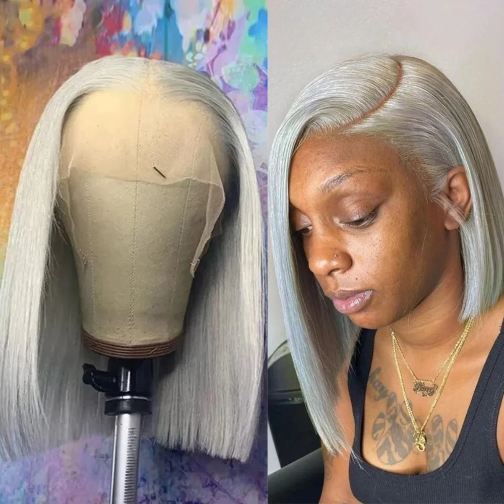 

Серебристо-серые короткие парики-боб 13x4 с кружевной передней частью, без клея, прямые волосы для женщин, с предварительно выщипанной естественной линией роста волос, плотность 180%