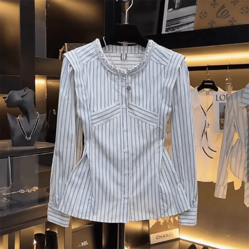 Slim Fit rayas irt mujer largo Sve plisado diseño de cintura Faionable otoño nuevo cuello Sle longitud Regular irt