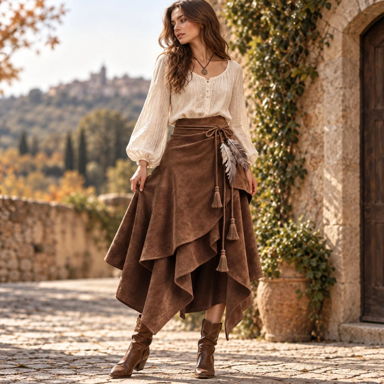 Asymmetrical Hem Tie Skirt with Midi Literary Retro Vintage Tribal Ethnic Heat Set No Stretch Autumn Women Skirt