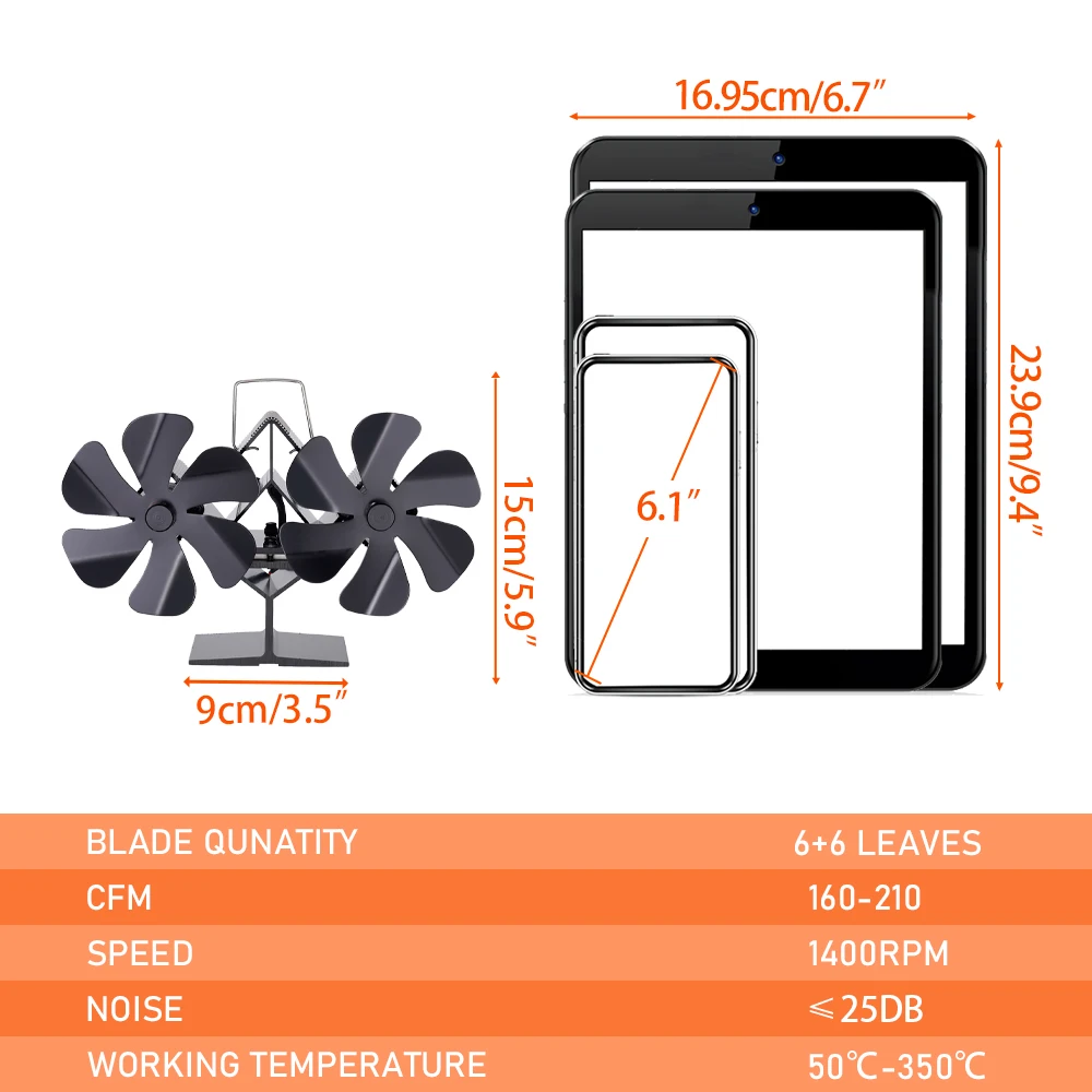 12 Blade Houtkachel Ventilator Warmte Aangedreven Open Haard Ventilator Log Houtkachel Dubbele Kop Ventilator Stille Thermische Cyclus Warme Lucht Verwarming