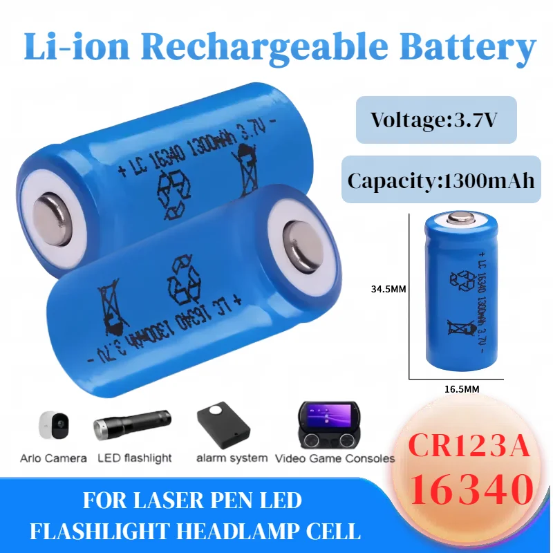 

16340 CR123A Battery 1300mAh 3.7V Li-ion Rechargeable Batteries with Charger for Flashlight/Headlamp/ Emergency Power Supply