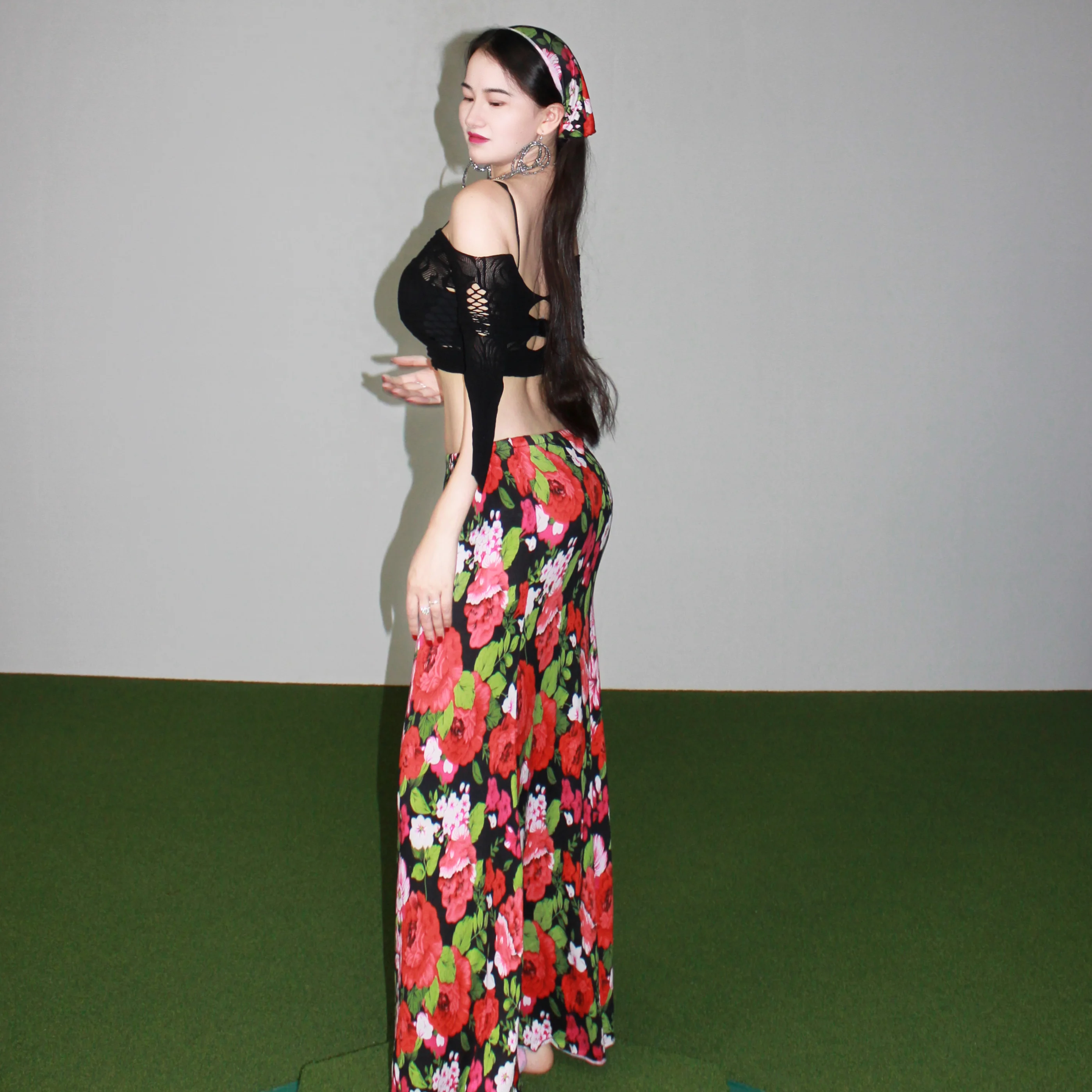 New bellydance performance suit sexy black mesh top+high-end printed long skirt set oriental dance professional training costume