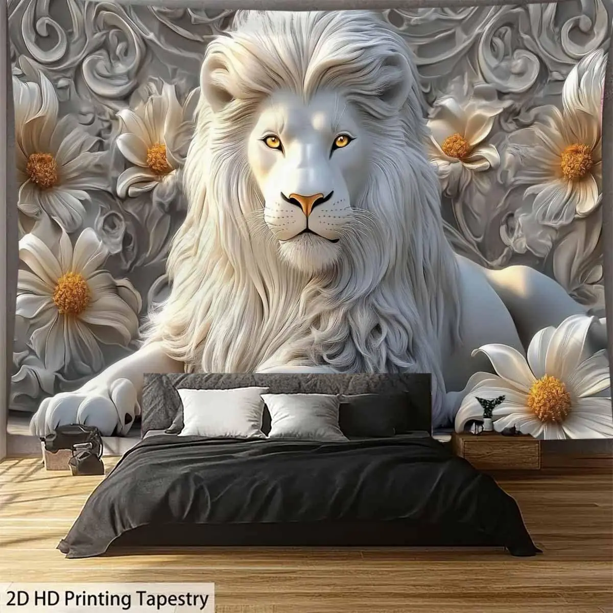 Cool White Lion Tapestry Aesthetic Animal Lion King Wall Blanket for Man College Hippie Art Wall Hanging Home Decor For Bedroom view 3